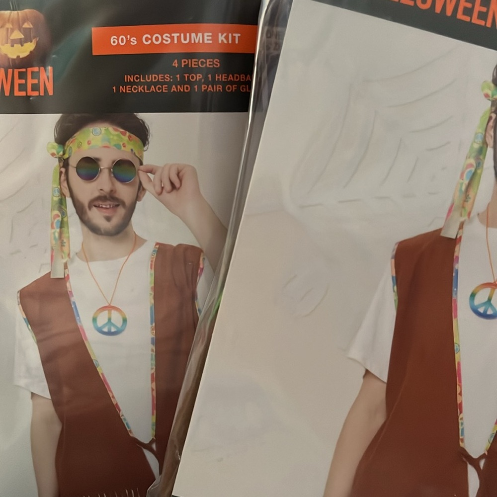 Two 60s Halloween costume kit includes top headband necklace glasses one size